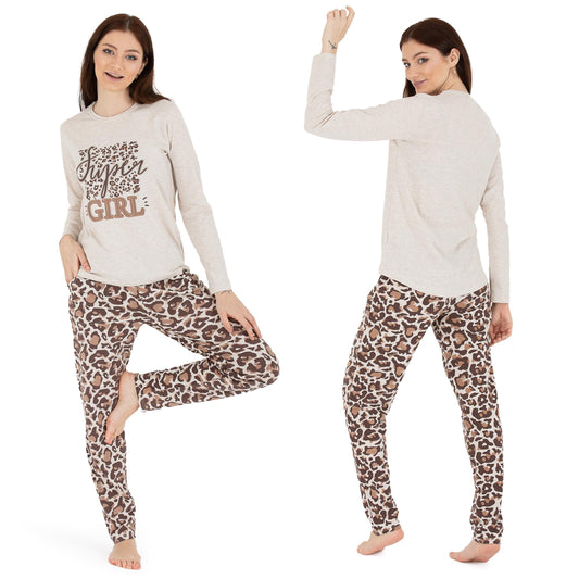 Damen Pyjama LEO zweiteiliger Schlafanzug Hausanzug Nachtwäsche langarm S-XL