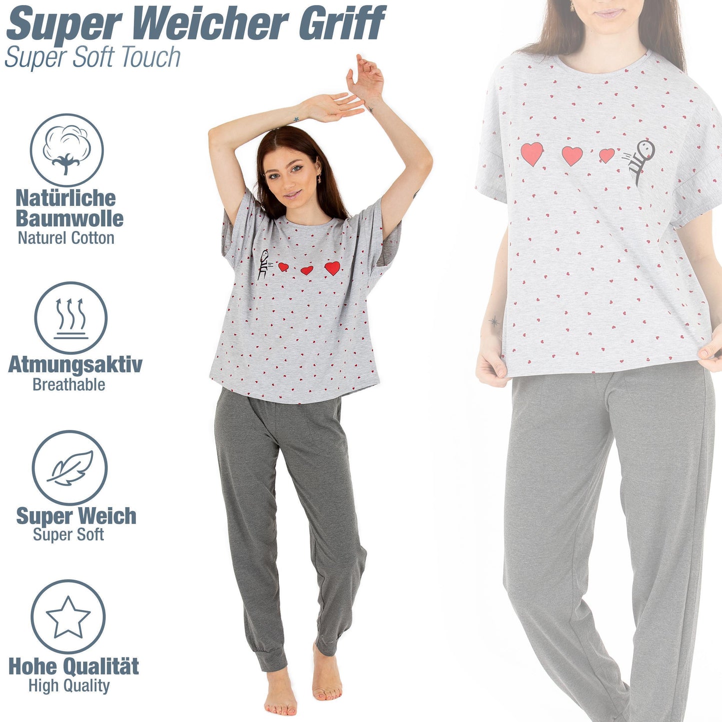 Damen Pyjama HERZ kurzarm Schlafanzug Hausanzug Nachtwäsche S-XL
