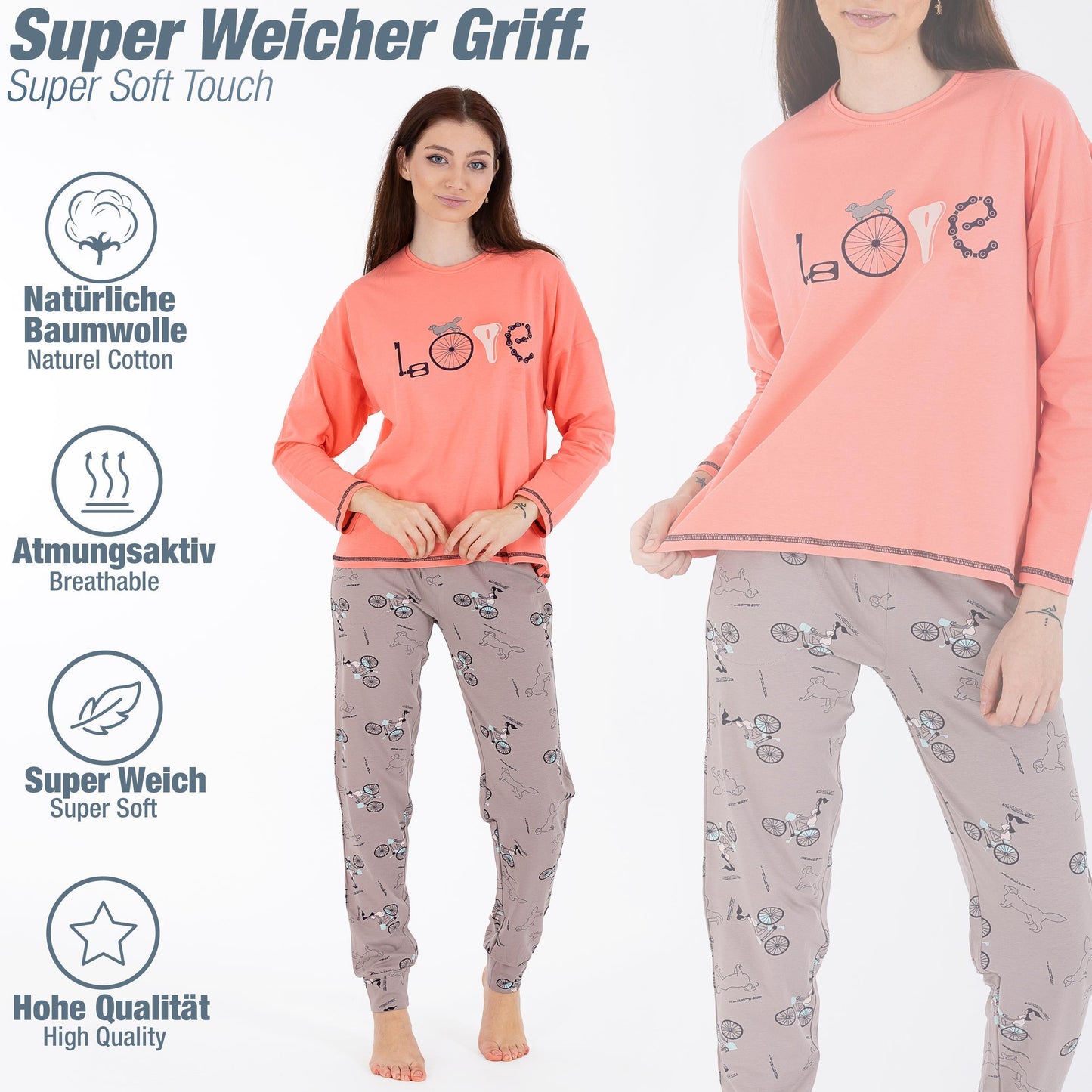 Damen Pyjama LOVE zweiteiliger Schlafanzug Hausanzug Nachtwäsche langarm S-XL