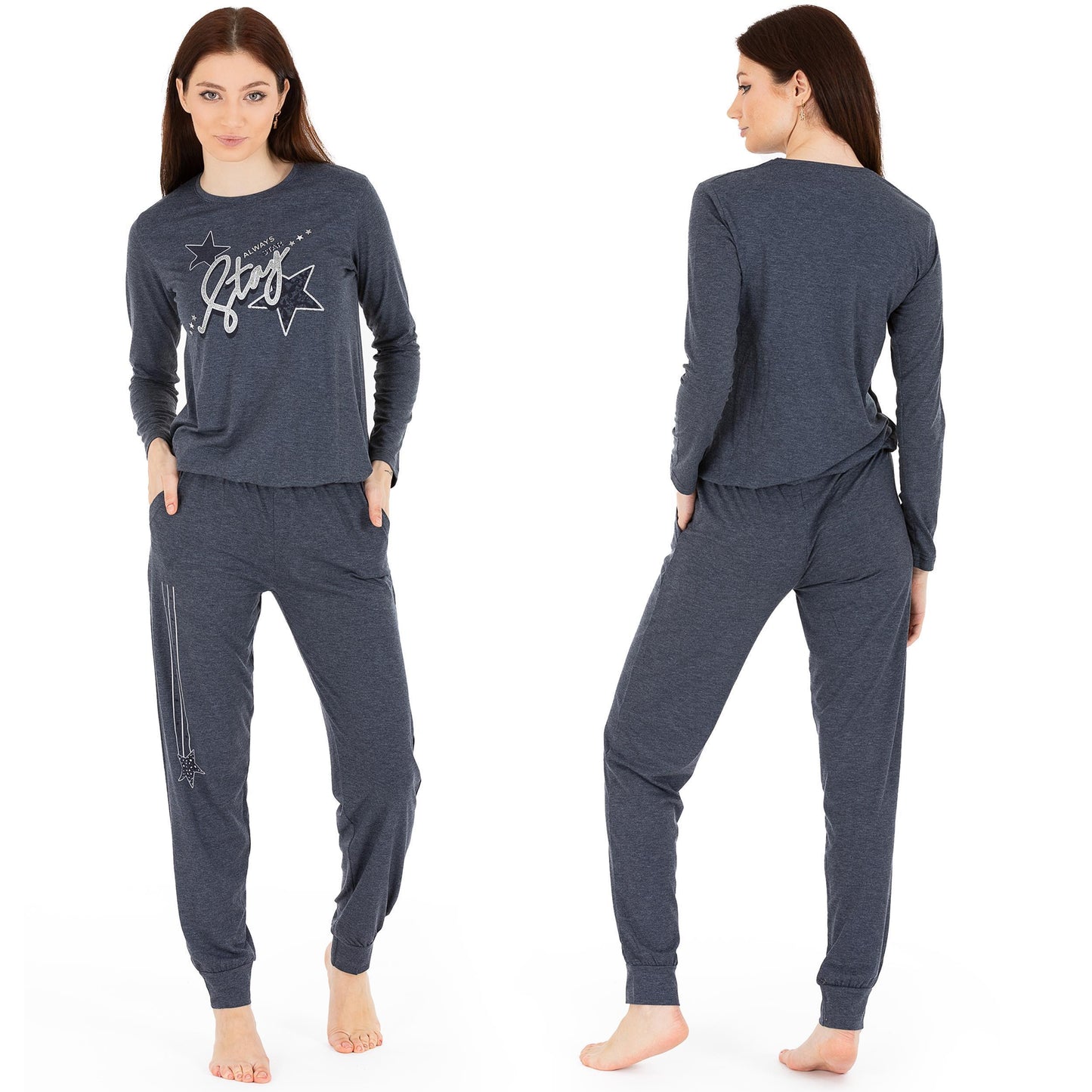 Damen Pyjama STERN Viskose Hausanzug Schlafanzug langarm S-XL