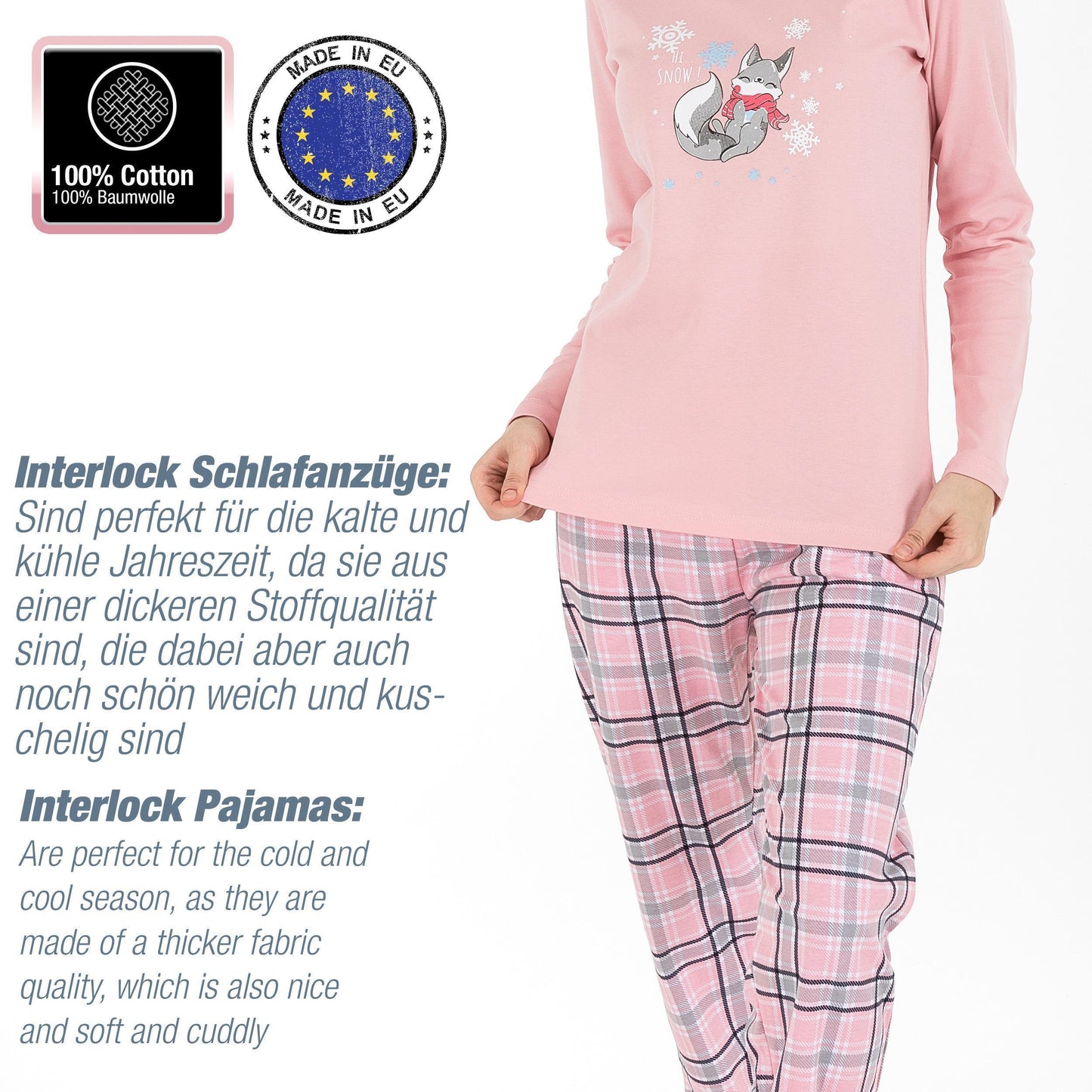 Damen Schlafanzug Hausanzug Pyjama langarm 100% Baumwolle Interlock S-XL
