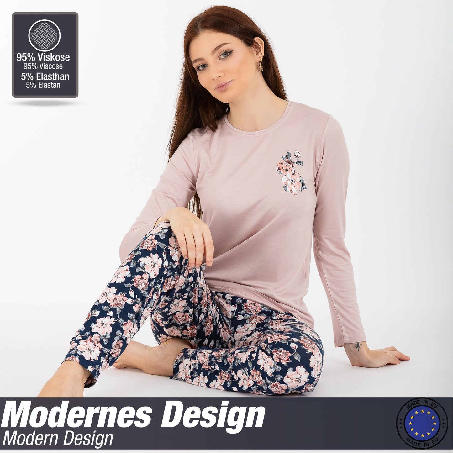 Damen Pyjama Viskose Blumen Schlafanzug Hausanzug langarm S-XL