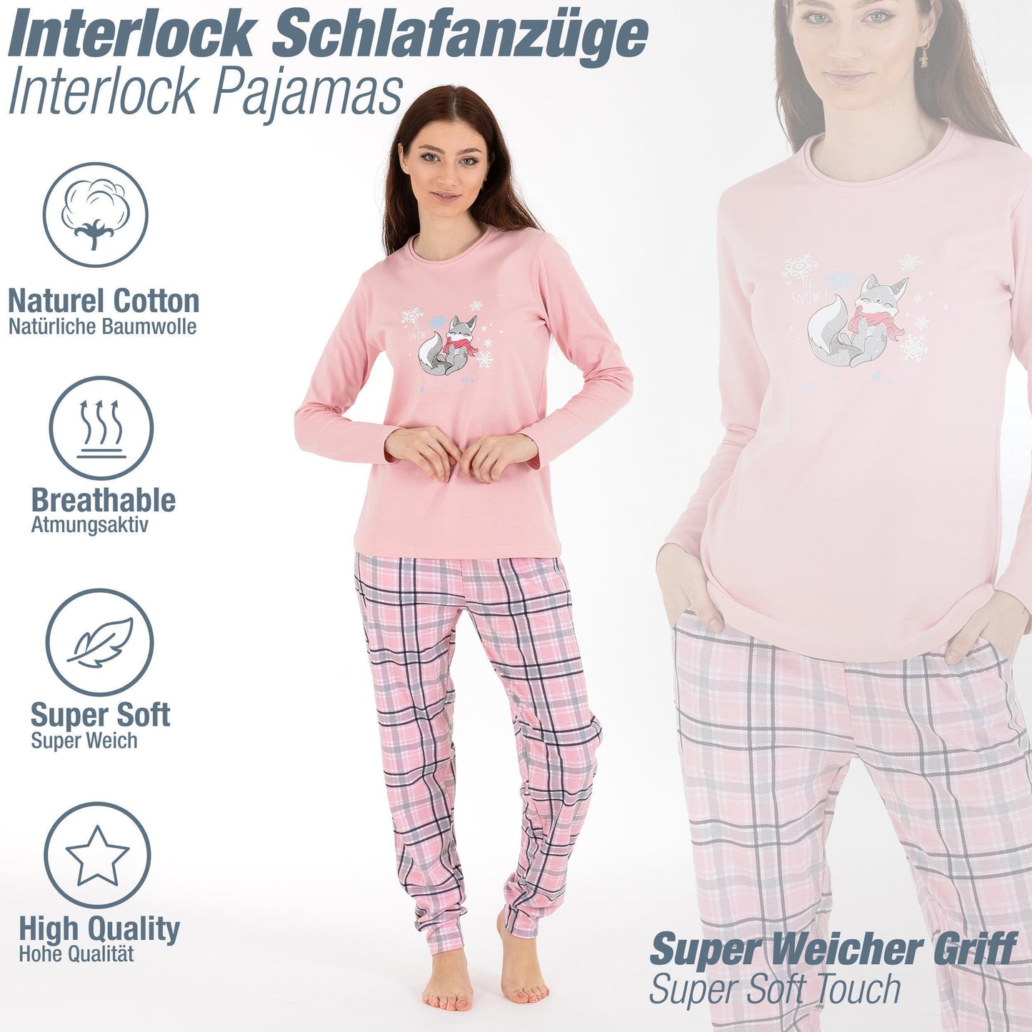 Schlafanzug Pyjama langarm- Interlock - Rosa