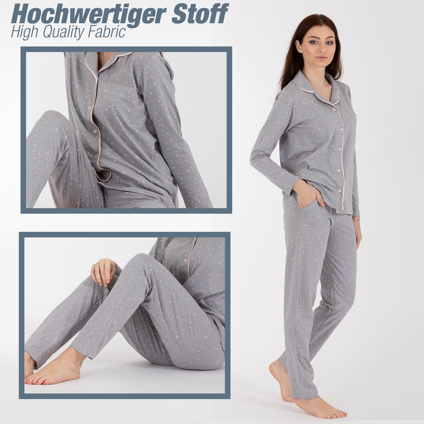 Schlafanzug Pyjama langarm- Sterne - Grau