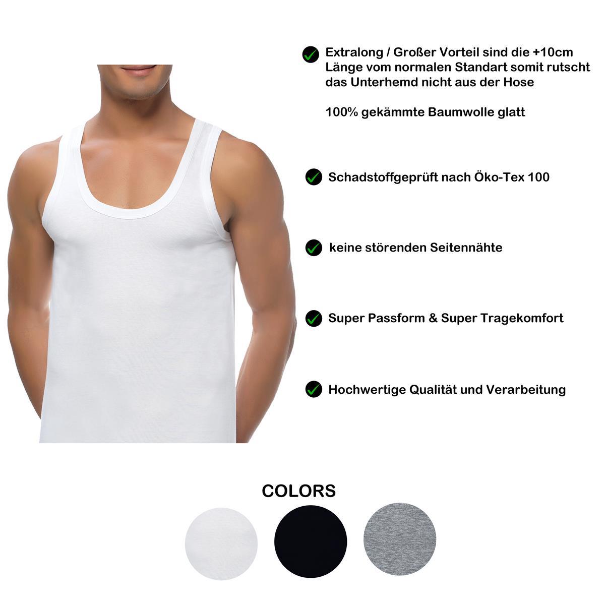 4 Herren Unterhemden extralang long 100% Baumwolle Feinripp glatt Achselhemd Weiss Schwarz 5-2 S-5XL