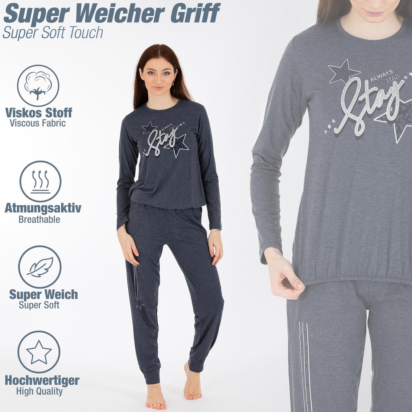 Schlafanzug Pyjama langarm- Stern - Grau