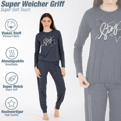 Schlafanzug Pyjama langarm- Stern - Grau