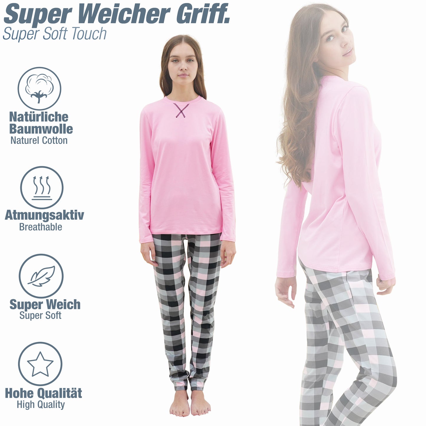 Mädchen Schlafanzug zweiteilig Set Langarm - Basic Kariert