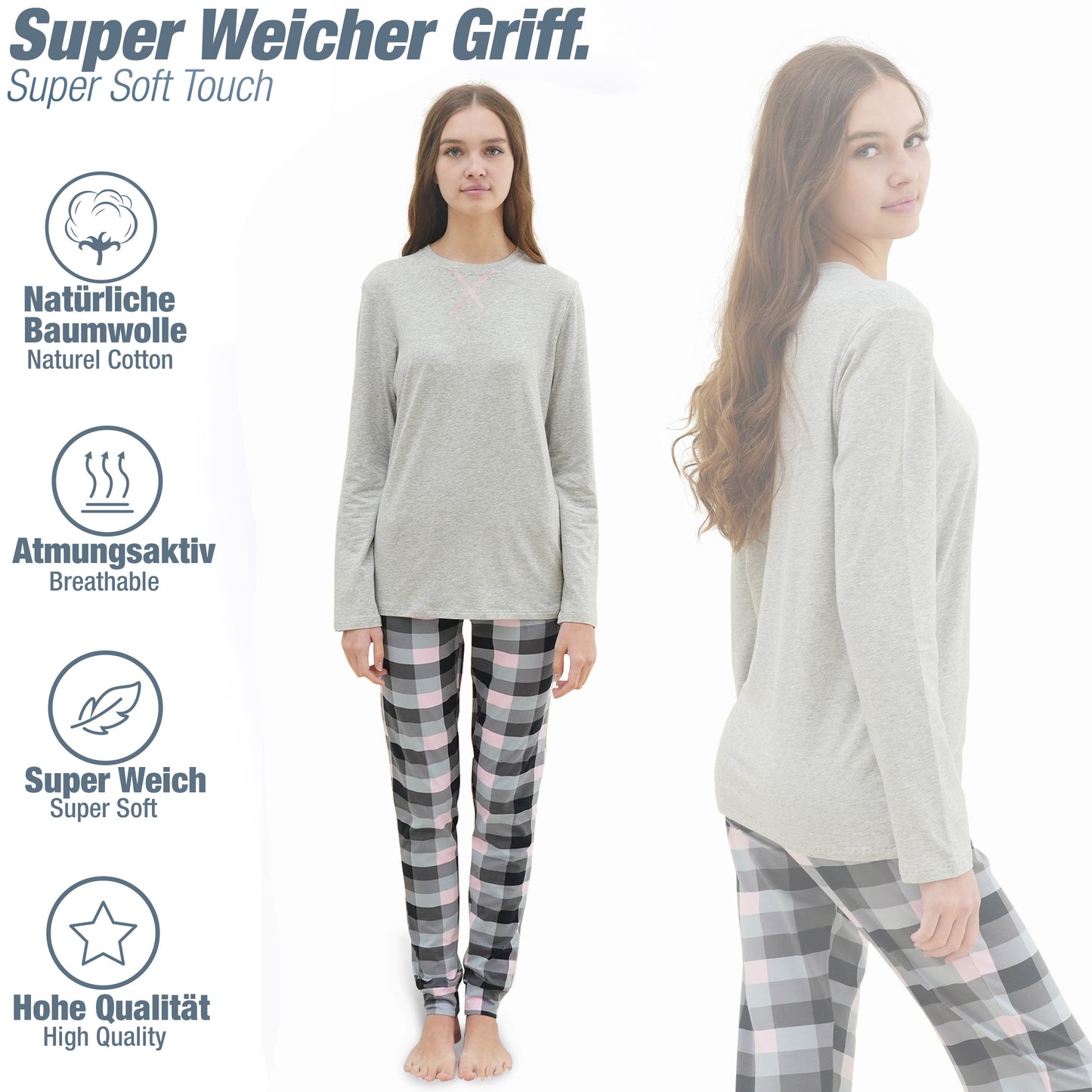 Mädchen Schlafanzug zweiteilig Set Langarm - Basic Kariert