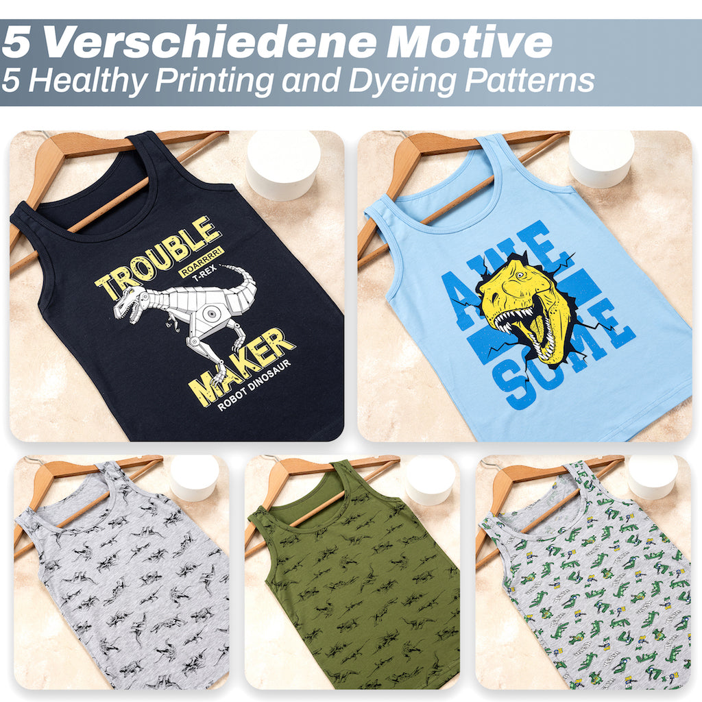 5er Set Jungen Unterhemden - Dinosaurier - Bunt