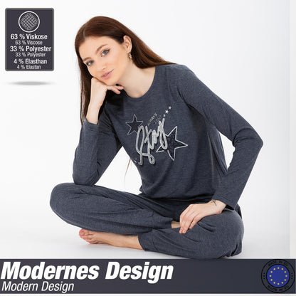 Schlafanzug Pyjama langarm- Stern - Grau