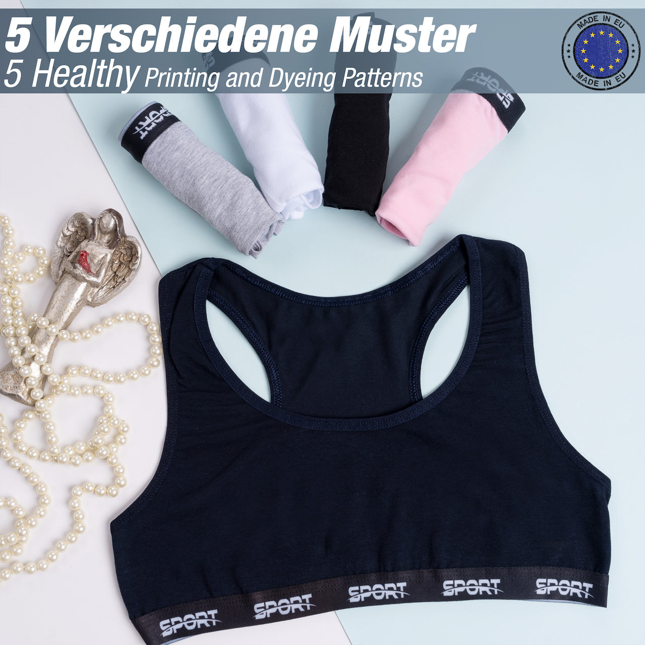 LOREZA ® 5 Mädchen Bustier Baumwolle BH Sport Bra (128-140, M1 - Breite  Träger) : : Fashion