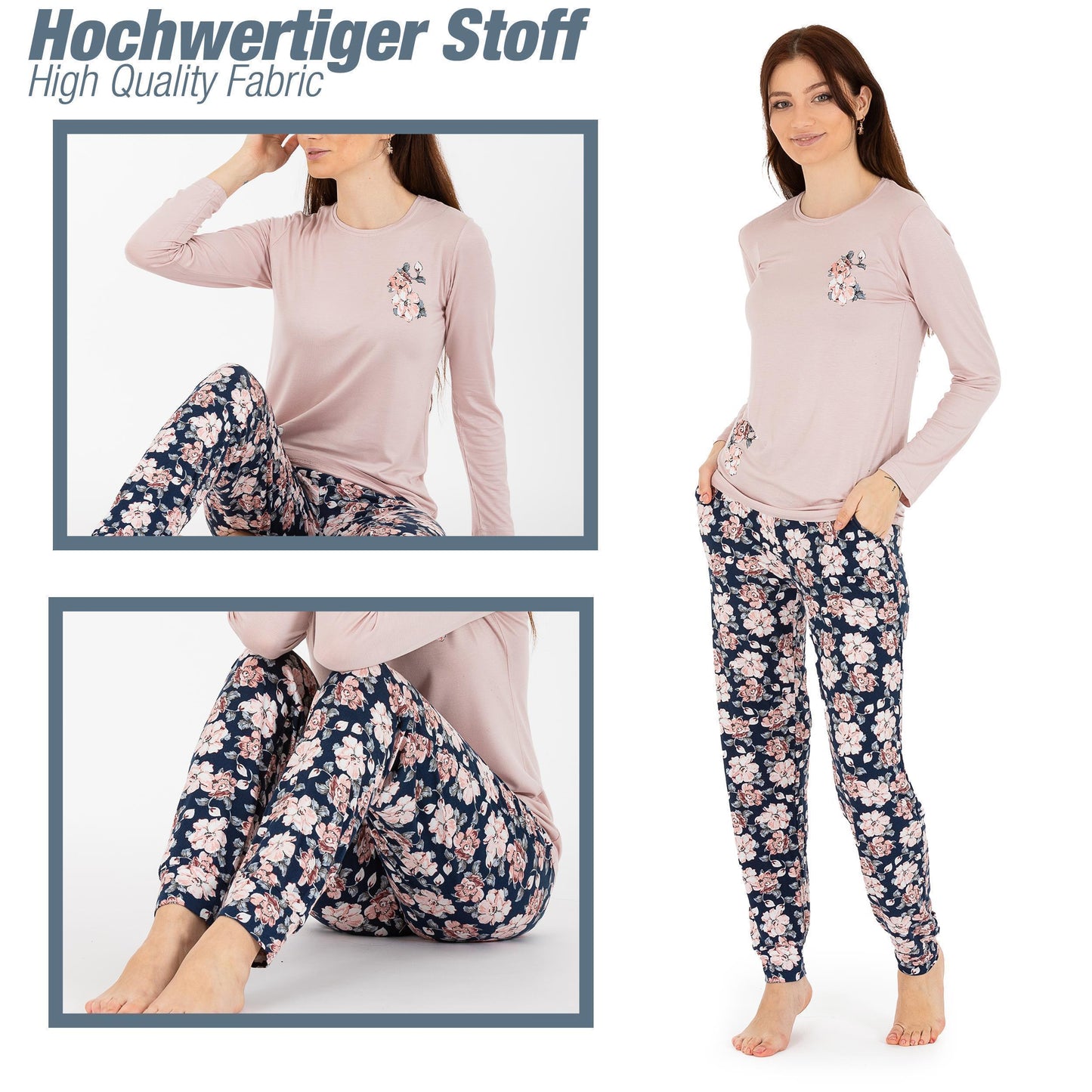 Schlafanzug Pyjama langarm- Blumen - Bunt