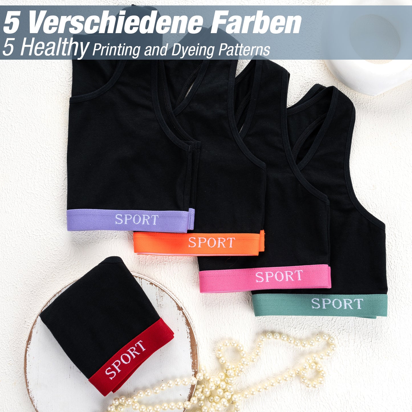 5er Set Mädchen X-Rücken Bustier - Sport - Schwarz