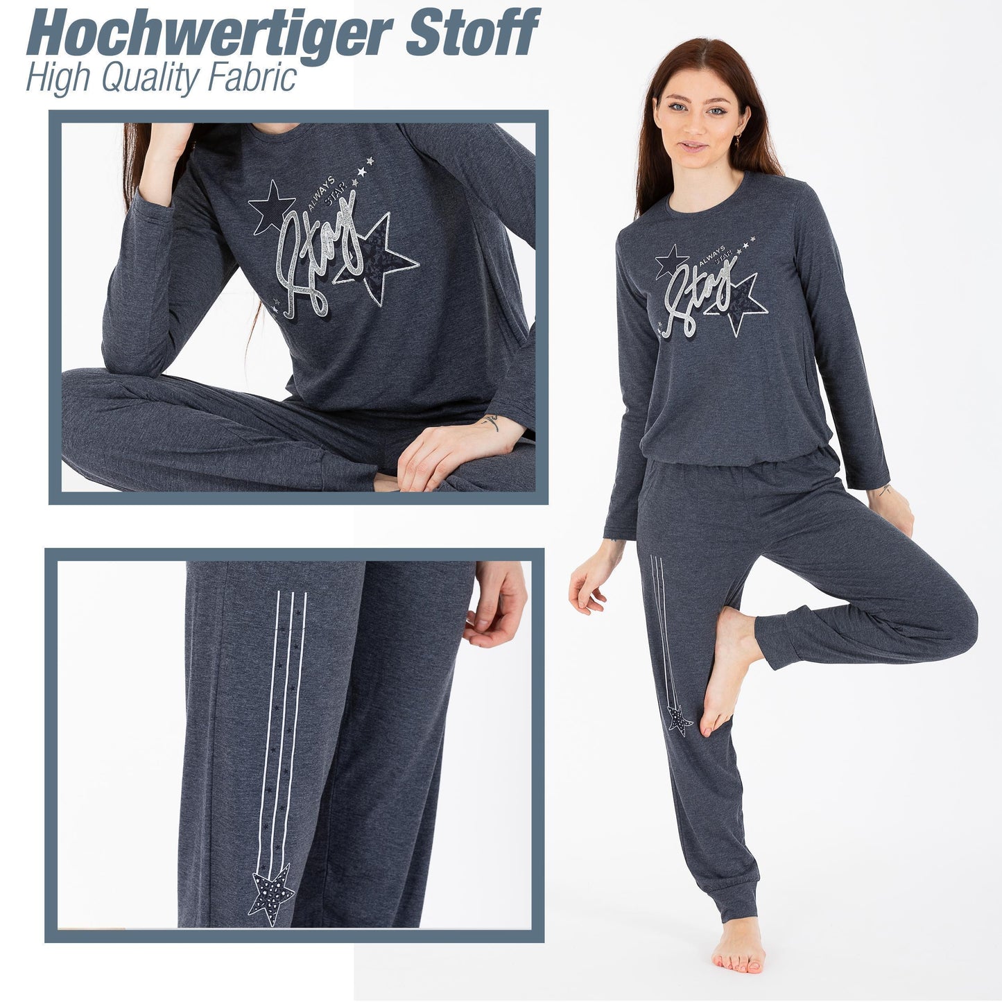 Schlafanzug Pyjama langarm- Stern - Grau