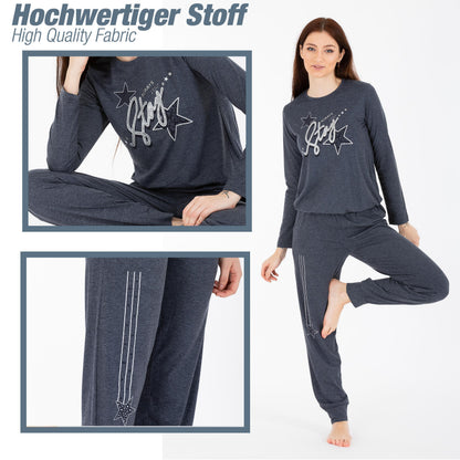 Schlafanzug Pyjama langarm- Stern - Grau