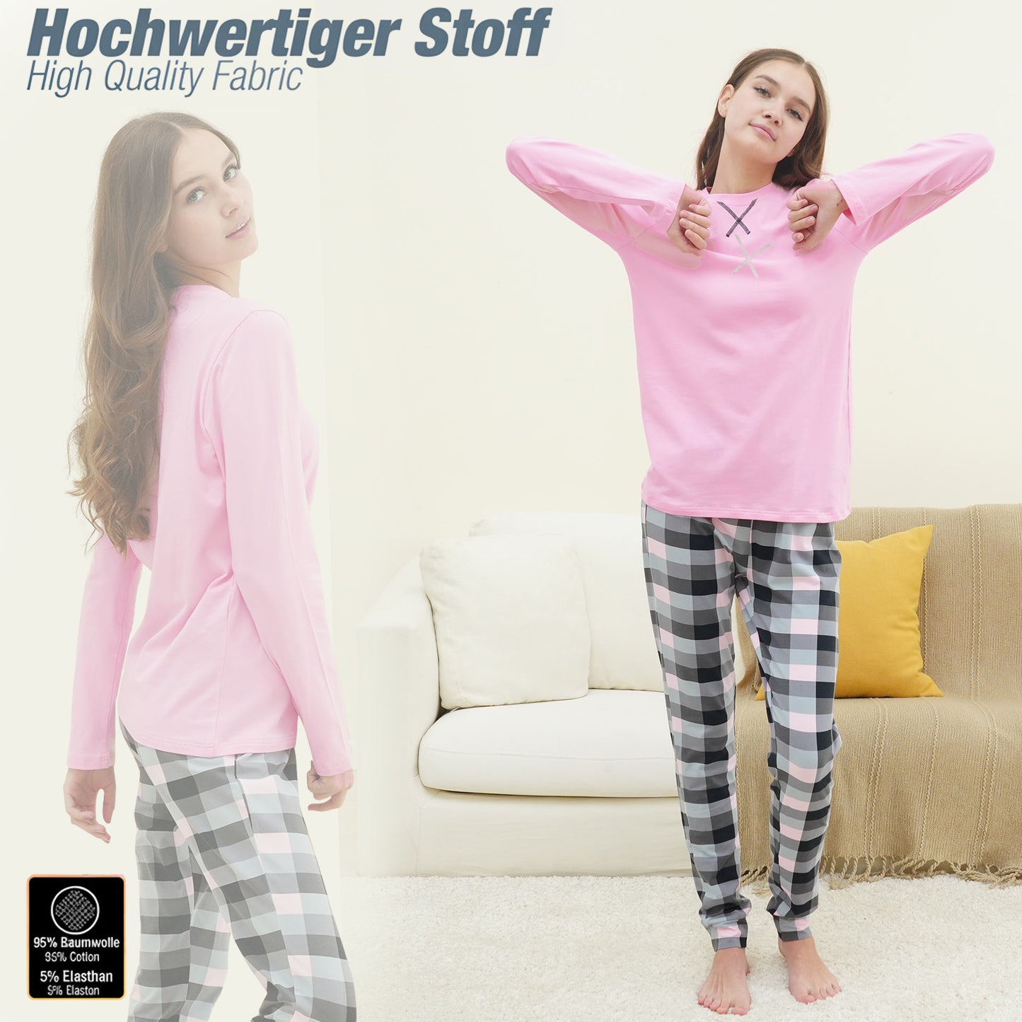 Mädchen Schlafanzug zweiteilig Set Langarm - Basic Kariert