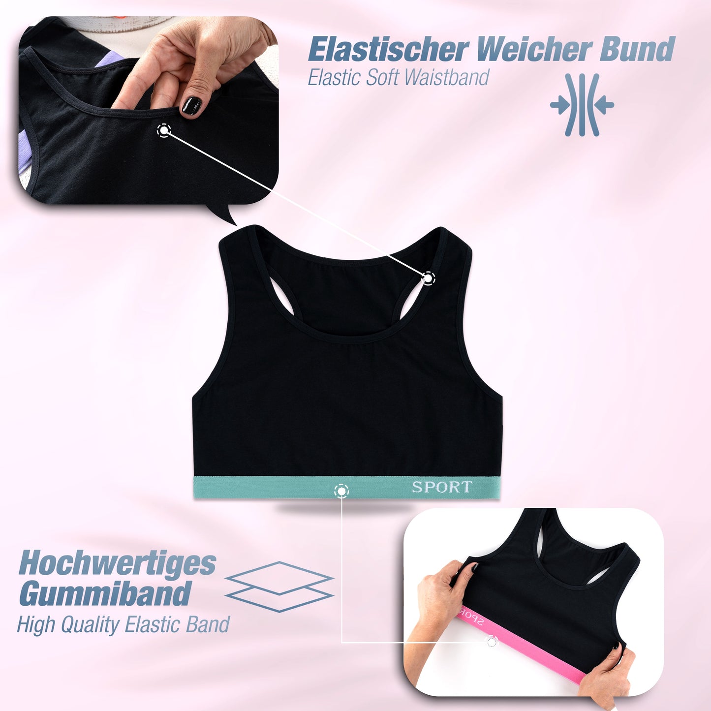 5er Set Mädchen X-Rücken Bustier - Sport - Schwarz