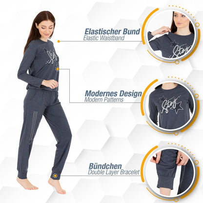 Schlafanzug Pyjama langarm- Stern - Grau