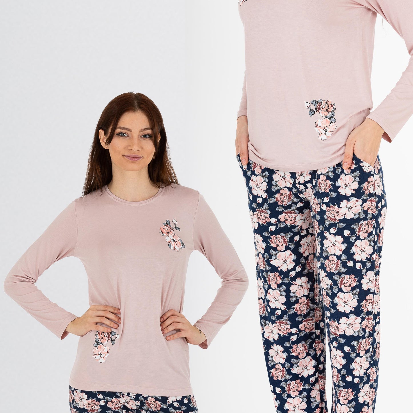 Schlafanzug Pyjama langarm- Blumen - Bunt