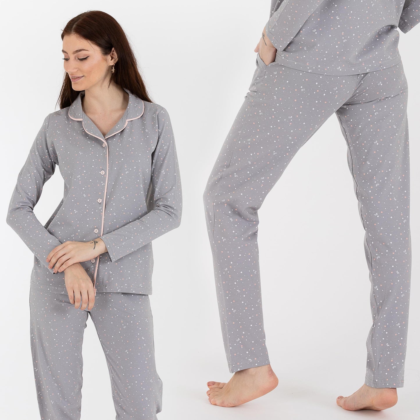 Schlafanzug Pyjama langarm- Sterne - Grau